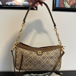 Tory Burch T Monogram Jacquard Zip Shoulder Bag - Hazelnut